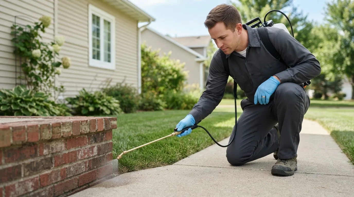 Pest control technician treating a home near Farnam, NE