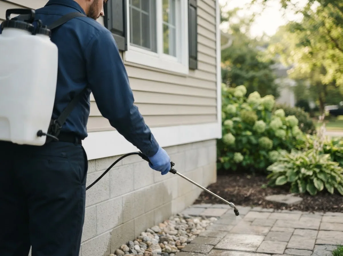 Pest control technician inspecting a home in Farnam, NE